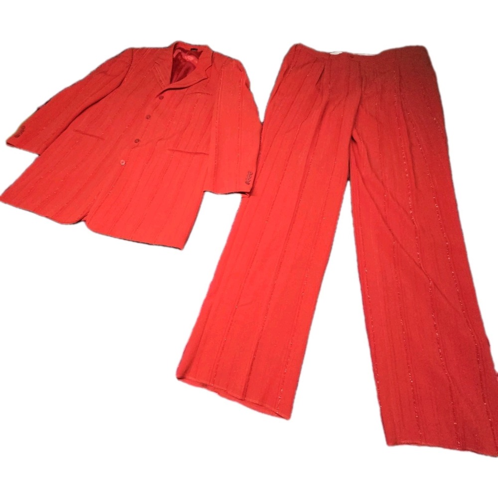 Falcone Mens 2PC Suit Red Shimmer Stripe Moto Uomo Jacket Sz 50L Pants 54L W50